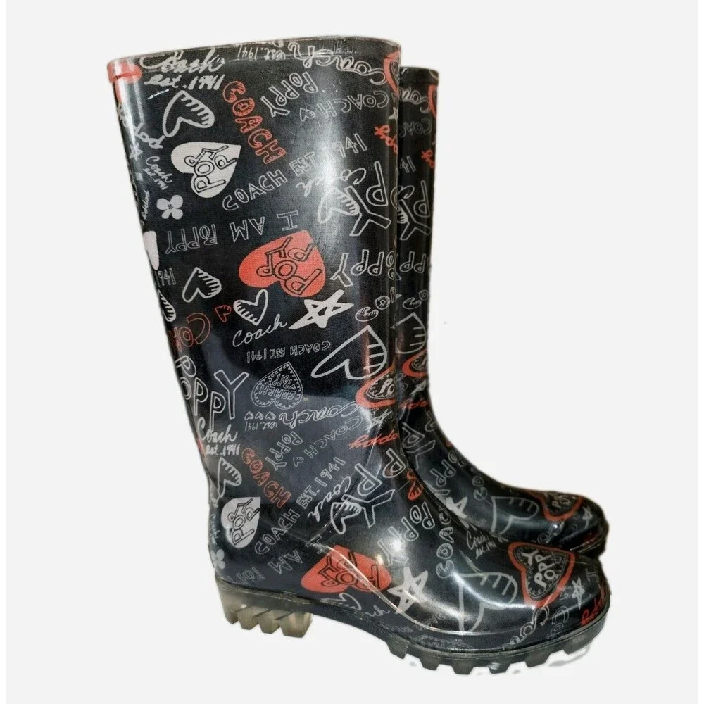 COACH POPPY Pixy Sz 6 Jelly Black All Over Logo ❤️ Outdoor Mud Rubber Rain Boots